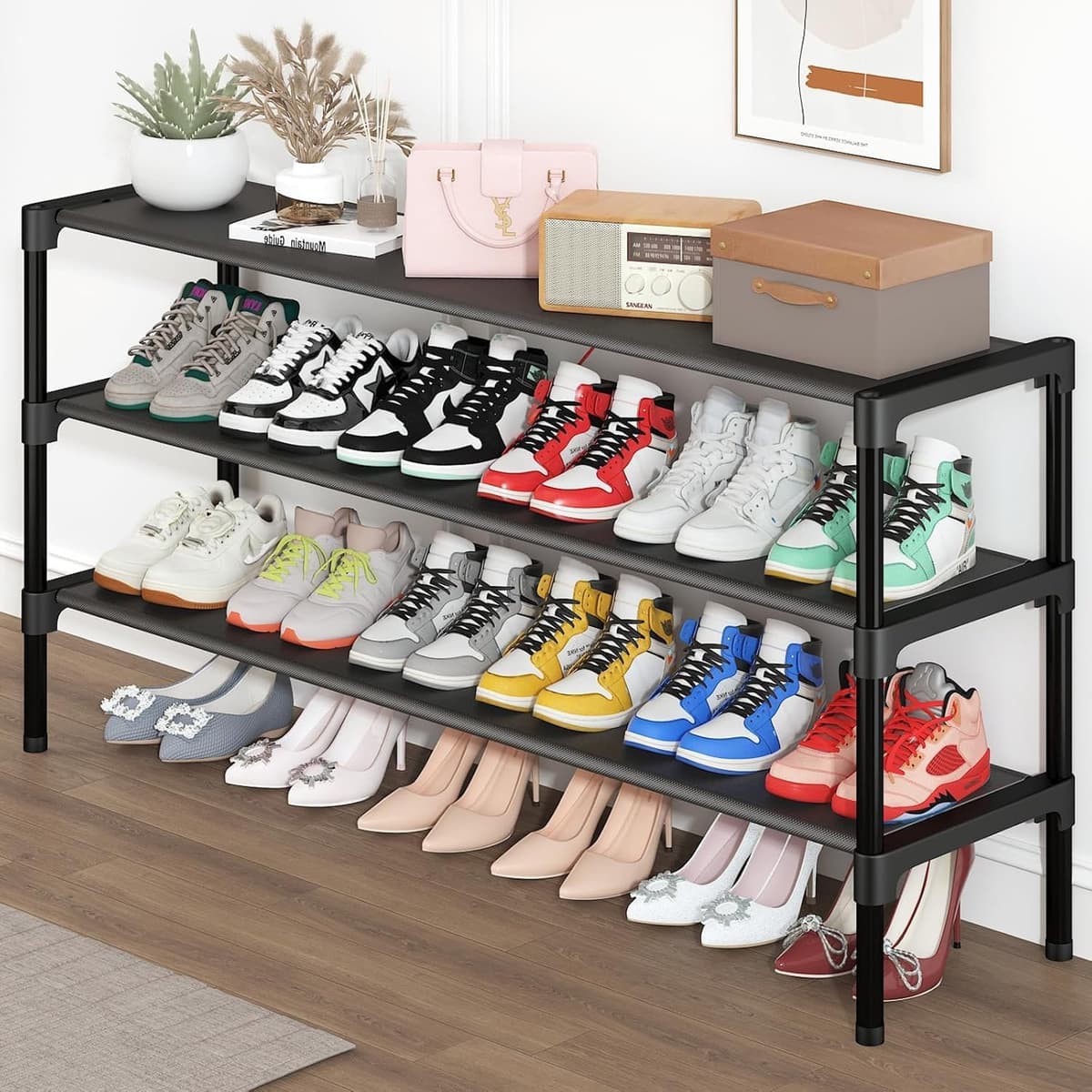 Long Shoe Rack - 3 Tier Shoe Organizer for Closet, Entryway, Garage - Stackable