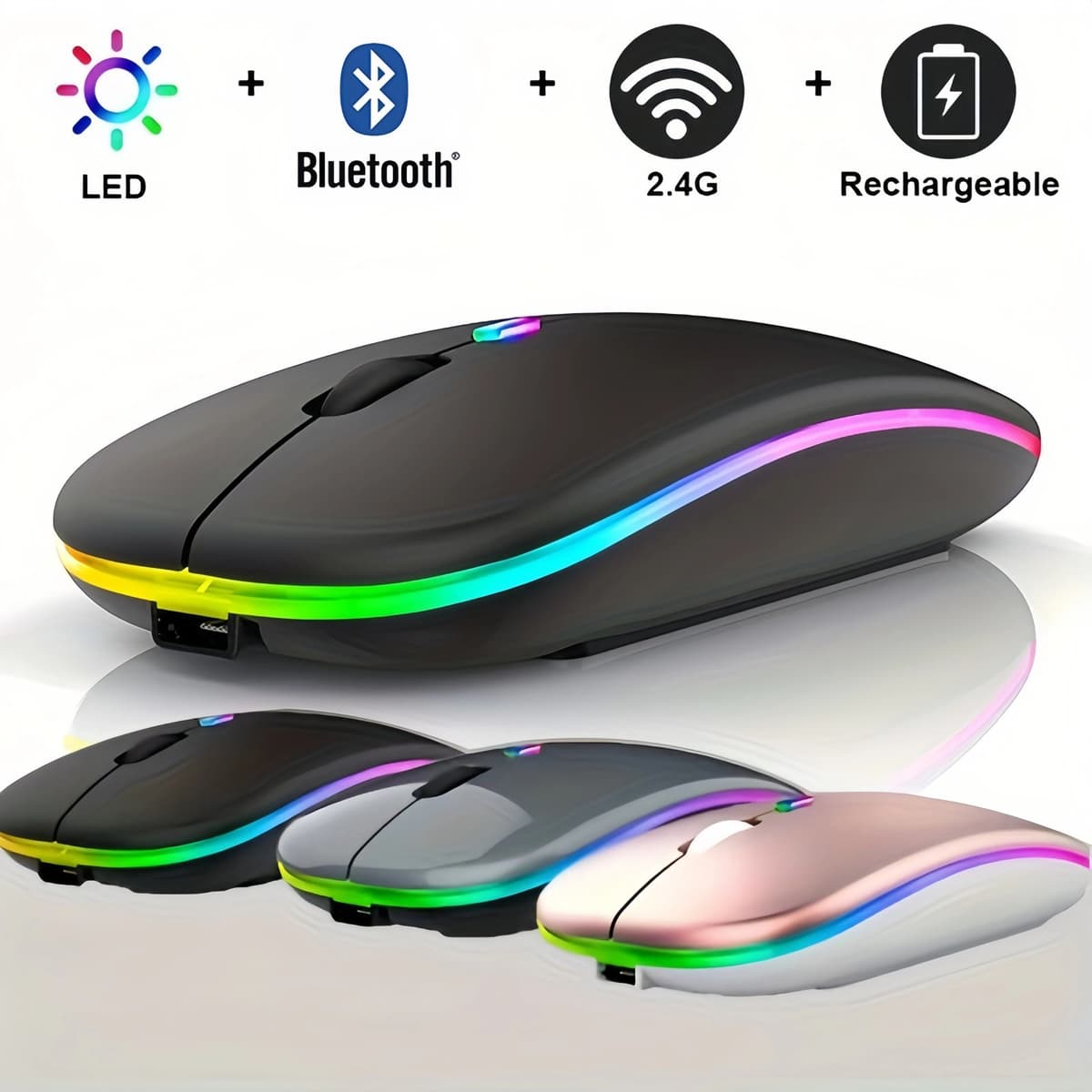 2.4GHz Wireless Optical Mouse USB Rechargeable RGB Cordless Mice For PC Laptop
